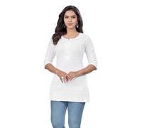 ladyline Damen Rayon Chikankari Bestickte Kurze Tunika Kurti | Schiffli Stickerei Hüftlang Kurta Top 3/4 Ärmel Bluse, Weiß (AN), 40