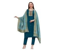 ladyline Italienische Seide Salwar Kameez für Damen, bestickt mit Jamewaram Jacquard Dupatta, Partykleidung, Kurta-Hosen-Set, Blau, 44