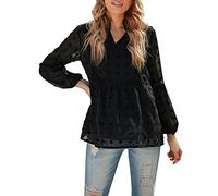 LAEMILIA Damen Chiffon-Blusen mit Schweizer Punkten, fließende Tunika, Tops, Pompon, elegante Puffärmel, Empire-Shirts, Schwarz , 38