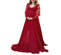 LAEMILIA V-Ausschnitt Mutterschaft Kleid Lange Schwangerschaftskleid Off Shoulder elegant festlich Maxikleid Spitzen Langarm Umstandskleid für Party Hochzeit Fotoshooting Rot 38