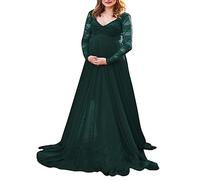 LAEMILIA V-Ausschnitt Mutterschaft Kleid Lange Schwangerschaftskleid Off Shoulder elegant festlich Maxikleid Spitzen Langarm Umstandskleid für Party Hochzeit Fotoshooting Grün 38