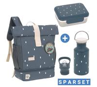 Lässig 3-tlg. Set Rucksack Mini Rolltop Backpack + Brotdose + Trinkflasche - Happy Prints - Midnight Blue