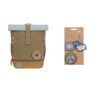 LÄSSIG Kindergartenrucksack Kinderrucksack Rolltop mit Brustgurt wasserabweisend & Anhänger und Patches Set (3 STK.) mit Druckknopf/School Patches Set Jurassic