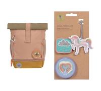 LÄSSIG Kindergartenrucksack Kinderrucksack Rolltop mit Brustgurt wasserabweisend & Anhänger und Patches Set (3 STK.) mit Druckknopf/School Patches Set Unicorn Glitter