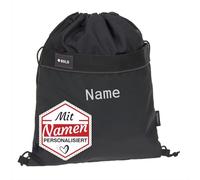 LÄSSIG Sportbeutel mit Namen, Bold Black, Kinder Turnbeutel mit Rucksackfunktion/School String Bag, bestickt, Fronttasche mit Reißverschluss, Reflektor, Schule Sport