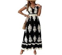 , lässig, V Ausschnitt, böhmischer Stil, langes Kleid, lockere A Linie, Blumenmuster mit Taschen, eleganter Blumendruck, leichte, atmungsaktive Ärmel, geschichtet, feminines Urlaubsoutfit
