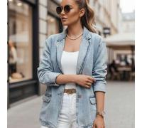 Lässige Damen-Jeansjacke im Anzugstil, lockere Passform, mit Knöpfen und Zierriemen, ohne Kapuze, verstellbare Bündchen, kurze Jeansjacke, 100 % Baumw