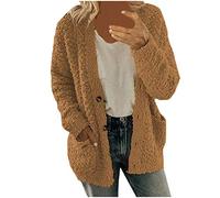Lässige Damen-Strickjacke, Übergröße, Plüsch, Taschen, Oberbekleidung, Knöpfe, Cardigan, Mantel, lange Jacke, coffee, 5XL