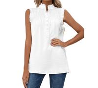 Lässige Damenbluse mit Rüschenkragen Rüschenärmel Damenbluse Vintage-Stil Stehkragen Button Down Hemdbluse Damen Tanktops plissiert V-Ausschnitt ärmellose Sommerhemden Bluse lockere lässige Weste