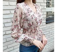 Lässige Damenhemden - Frühlings- Und Sommermode Damen Chiffon Bluse Hemd Retro Langarm Druck V-Ausschnitt Koreanisch Elegantes Schlankes Oberteil Plissierte Taille Einfache Florale Casual Party,Ro