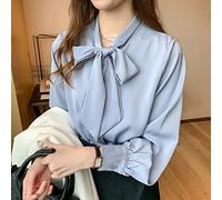 Lässige Damenhemden - Modische Lose Koreanische Bluse Frühling Und Sommer Satin Chiffon Bluse Frauen Mode Blau Langärmelige Shirt Büro Damen Bogenknot Kleidung Elegante Casual Business Party, L