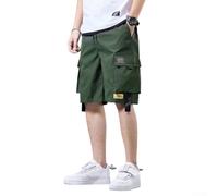 Lässige Herren-Shorts, Cargo-Taschen, lockeres gerades Bein, knielang, Streetwear, dünner Stoff, bequeme kurze Hose für Strand (3XL Grün)