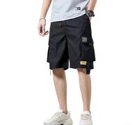 Lässige Herren-Shorts, Cargo-Taschen, lockeres gerades Bein, knielang, Streetwear, dünner Stoff, bequeme kurze Hose für Strand (XL Schwarz)