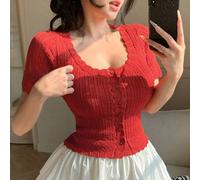 Lässige Mode rote kurze Strickjacke, Streetstyle strukturierte Hohlstrick Passform süßer Kurzarm Strickoberteil für Frauen, Frühling/Sommer