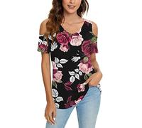 Lässige Pullover-T-Shirts für Frauen mit V-Ausschnitt, Kurzarmbluse, Blumendruck, Freizeit, Mädchen, T-Shirt, schulterfreie Oberteile