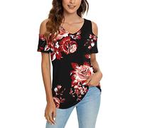 Lässige Pullover-T-Shirts für Frauen mit V-Ausschnitt, Kurzarmbluse, Blumendruck, Freizeit, Mädchen, T-Shirt, schulterfreie Oberteile