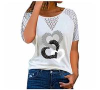 Lässige T-Shirts für Frauen Rundhals Kurzarm Mädchen T-Shirt Herz Bedruckte Spitze Patchwork Tops Sweatshirt Bluse