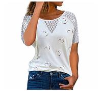 Lässige T-Shirts für Frauen Rundhals Kurzarm Mädchen T-Shirt Herz Bedruckte Spitze Patchwork Tops Sweatshirt Bluse