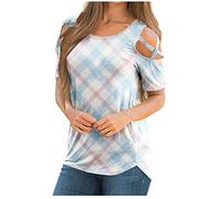 Lässige T-Shirts für Frauen Rundhals Kurzarm Mädchen T-Shirt Plaid Bedruckt Lose Oberteile Schulterfrei Cross Cutout Bluse