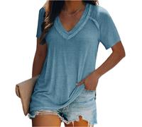 Lässige Tunika Oberteile für Damen kurzärmelige T-Shirts mit V-Ausschnitt Schlichte Basic Shirts Sommeroberteile lässige Hemd kurzärmlige Tunika Oberteile lockere Passform Shirt Plissierte Hemden 5XL