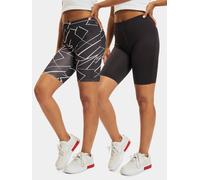 Stoffhose URBAN CLASSICS "Urban Classics Damen Ladies AOP Cycle Shorts 2-Pack", Damen, Gr. S, US-Größen, geometric schwarz, schwarz, 94% Polyester, 6% Elasthan, slim fit, Hosen Stoffhose (29320442-S)