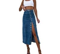 Lässiger Denim-Midirock Für Damen Im Sommer, Knöpfe Vorne, A-Linie, Langer Denim-Rock, Hohe Taille, Figurbetonter Jeansrock Mit Schlitzen, Stretch Bleistift-Halbunterrock, Blau, XL