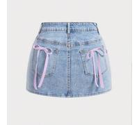 Lässiger Denim Minirock für Damen, minimalistisch und modisch für den Alltag, kurzer, enger Jeansrock mit rosa Schleife zum Valentinstag im Y2K-Stil