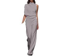 Lässiger Einfarbiger Damen Jumpsuit Halber Rollkragenpullover Mit Hoher Taille Und Weitem Bein Elegante Lange Hosen Overalls Partywear (Color : Gray, Size : M)