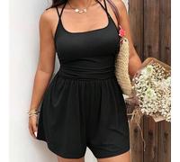 Lässiger, eleganter Jumpsuit-Shorts mit Bindeträgern im minimalistischen französischen Stil, ärmellos, schwarz, Große Größen für Damen, Sommer