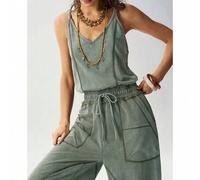 Lässiger gestrickter Patchwork-Jumpsuit mit Spaghettiträgern, locker geschnitten, gewaschen, für Damen