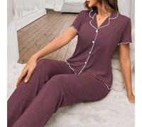 Lässiger, locker sitzender, weicher, fließender, leichter Sommer-Strick-Jumpsuit für Frauen mit Rüschensaum und kurzen Ärmeln in Rot