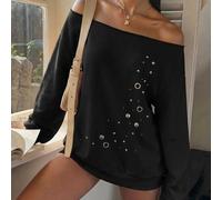 Lässiger, lockerer Off-Shoulder-Sweatshirt mit bedrucktem Muster, dickem Stoff, Folienprint, Ösen-Dekor, lässiger Street-Fashion-Nomadenstil, vielseit