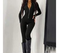 Lässiger Mode Jumpsuit mit Reißverschluss-Design, figurbetonend, Neuheit Herbst/Winter, Jumpsuits für Frauen, Herbstkleidung für Damen, Schwarzer Jump