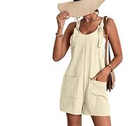 Lässiger Sommer-Strampler für Damen, Overalls, Shorts mit Bindeband und Riemen, lässiger, lockerer, ärmelloser Leinen-Overall mit verstellbarem Knotengurt für Damen (Beige,3XL)