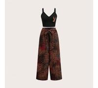 Lässiger Urlaubsstil schwarze & braune Palmenblatt Cartoon Polka Punkt Muster weite Hose kombiniert mit schwarzem Trägertop 2-teiliges Set für Damen,