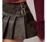 Lässiger, vielseitiger Falten-Minirock für Damen, Gürtelrock, Lederröcke, Burgunderrock, Braune Röcke