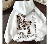 Lässiger Vintage New York Slogan Leopard Muster Grafik Hoodie für Frauen, Loose Fit Dickes Sweatshirt, Leopard Muster Element, Retro Leopard Muster