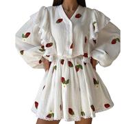 Lässiges 2-teiliges Outfit für Damen, Erdbeer-Druck, Y2K, niedlicher Sommer, V-Ausschnitt, gerüscht, langärmelig, bauchfreies Top, hohe Taille, A-Linie, Minirock, Lounge-Set, Trainingsanzug,