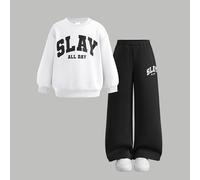 Lässiges Alltagskinder-Mode-Set für Kleine Mädchen mit bedrucktem weißem Sweatshirt mit Rundhalsausschnitt und schwarzer Jogginghose für den Herbst