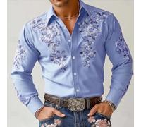 Lässiges Button-Down-Shirt für Herren, Retro-Blumendruck, langärmelig, Stretch-Passform für Outdoor-Street-Style (XL Blau)