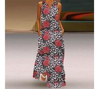 Lässiges Damen-Maxikleid Mit V-Ausschnitt - Funky Rosenblumen-Leopardenmuster-Swingkleid, Sexy Ärmelloser Pulloverrock, Elegantes Sommer-Wickelkleid Im Freien, Fließendes Strandurlaubs-Sommerklei