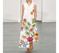 Lässiges Damen-Maxikleid Mit V-Ausschnitt - Swing-Kleid Mit Cartoon-Blumen-Pflanzendruck, Sexy Ärmelloser Weißer Pulloverrock, Exotisches Sommer-Wickelkleid Im Freien, Fließendes Strandurlaubs-S
