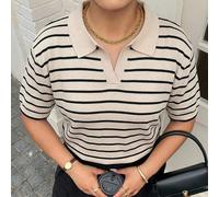 Lässiges Damen-Stricktop in Große Größen für Frühling und Sommer, mit Polokragen, kurzen Ärmeln, Farbblock-Patchwork-Design, für den Alltag und Pendle