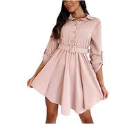 Lässiges, Elegantes Kleid für Frauen, Revers, Halbarm, Rock mit Gürtel, einfarbig, Knopf, Damenkleider, unregelmäßiger Saum, Kleider