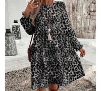 Lässiges, elegantes, lockeres, mittellanges Kleid mit Leopard Muster und Rundhalsausschnitt für Damen, geeignet für Frühling und Herbst. Langärmliges