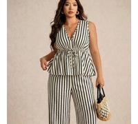 Lässiges gestreiftes strukturiertes Stoff-Loose-Fit Tanktop mit V-Ausschnitt und weite Hose 2-teiliges Set in Große Größen, geeignet für Sommer, Urlau