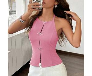 Lässiges, gestricktes, einfarbiges, schlank geschnittenes ärmelloses rückenfrei geschnittenes Tanktop für Frauen, rosa Top, Damentop in babyrosa