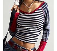 Lässiges gestricktes gestreiftes Damen T-Shirt mit V-Ausschnitt und Langarm, figurbetont, gestreifter Cropped Pullover mit Langarm, Cropped Tops für F