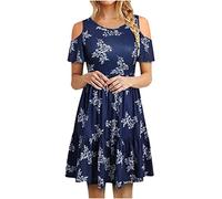 Lässiges Kleid für Damen, Kurzarm, Rundhalsausschnitt, Damenkleider, gestreifter Druck, schulterfrei, schwingender Rüschenrock, Kleider in A-Linie