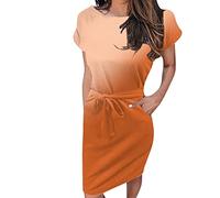 Lässiges Kleid für Frauen mit Rundhalsausschnitt, Kurzarmrock, Farbverlauf, lockere Damenkleider mit Taschen, knielangen Kleidern